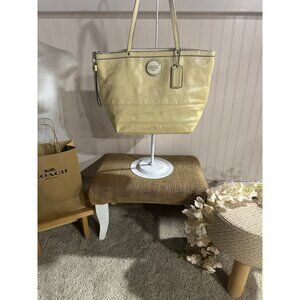 Coach Creamy Yellow Leather Tote Bag With Signature Pattern & Tag